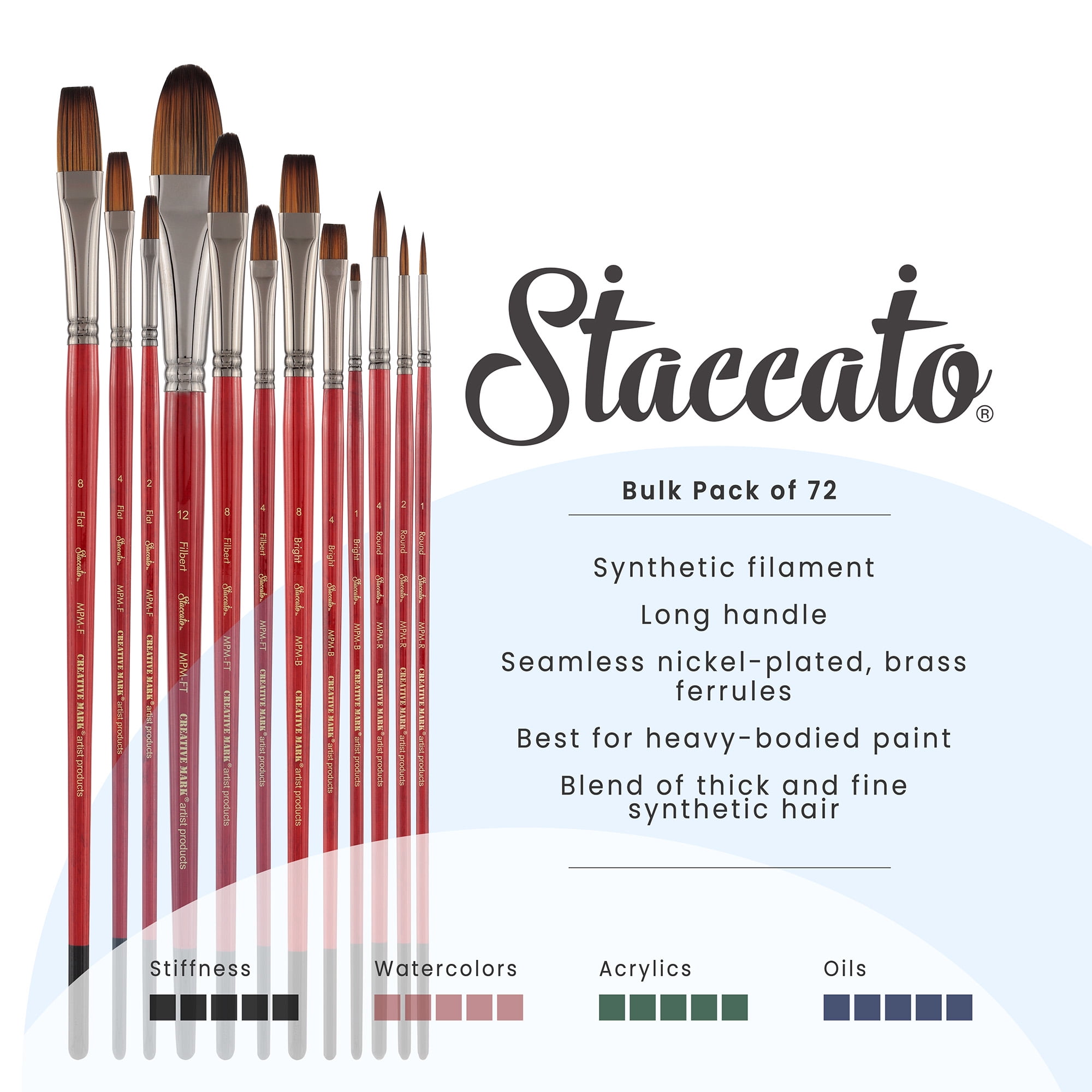 Creative Mark Staccato Artist Paintbrush - Assorted Shapes and Sizes - Bulk Pack of 72 - Synthetic Long Handled Brushes For Acrylic Paints, Handmade and Full Bodied With Springy Response