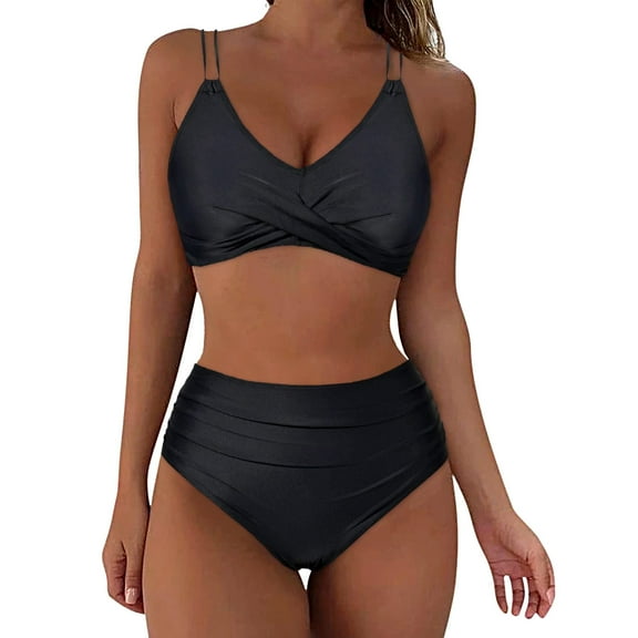 qucoqpe Womens Two Piece Bathing Suits with Built in Bra Sexy Wrap V Neck Back Tie Swimsuits Solid Color Slim Swimwear