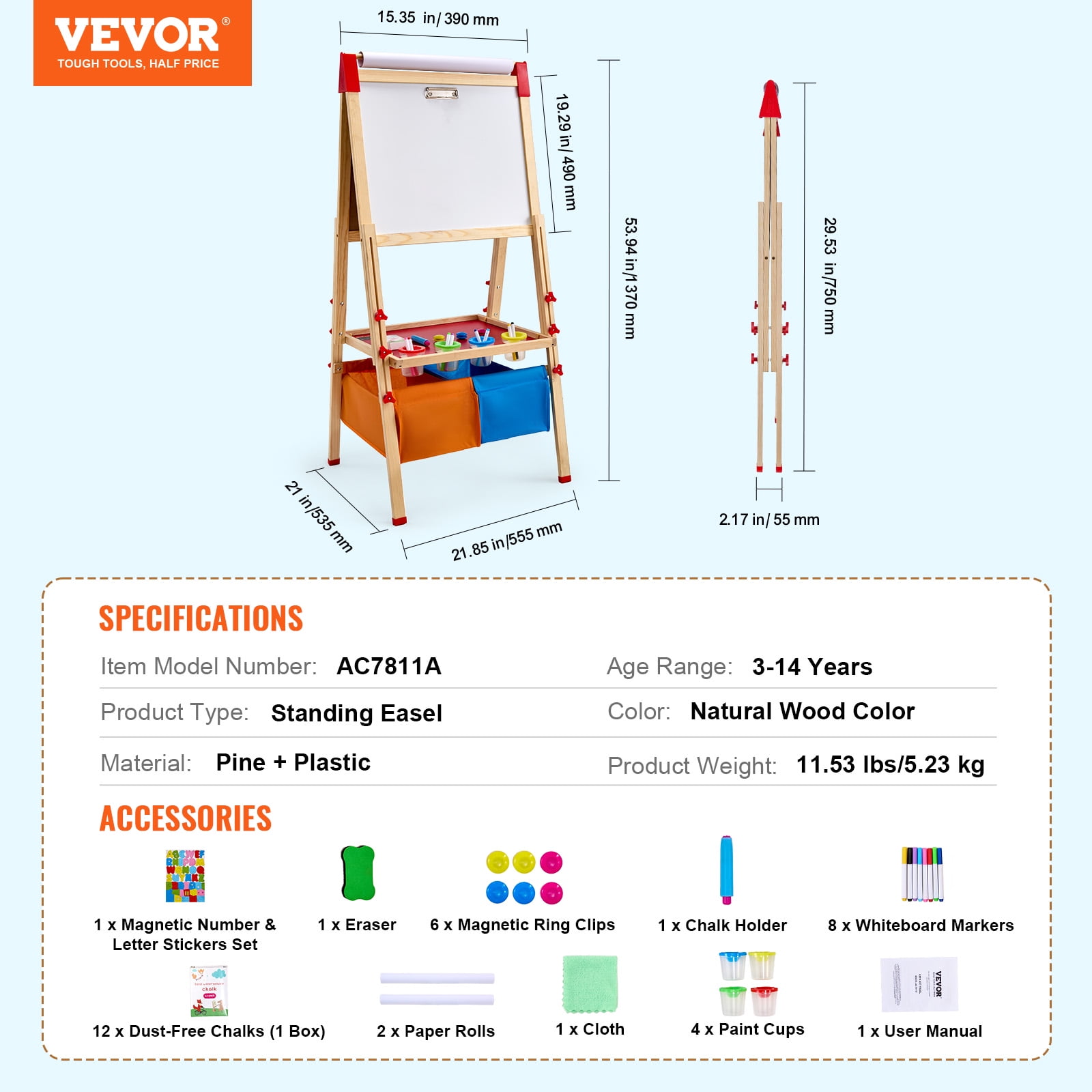 VEVOR Art Easel for Kids,3-in-1 Wooden Double-Sided Kides Art Easel with Magnetic Whiteboard, Chalkboard, Paper Roll, Adjustable Standing Drawing Board with Painting Accessories, Storage for Boy Girl