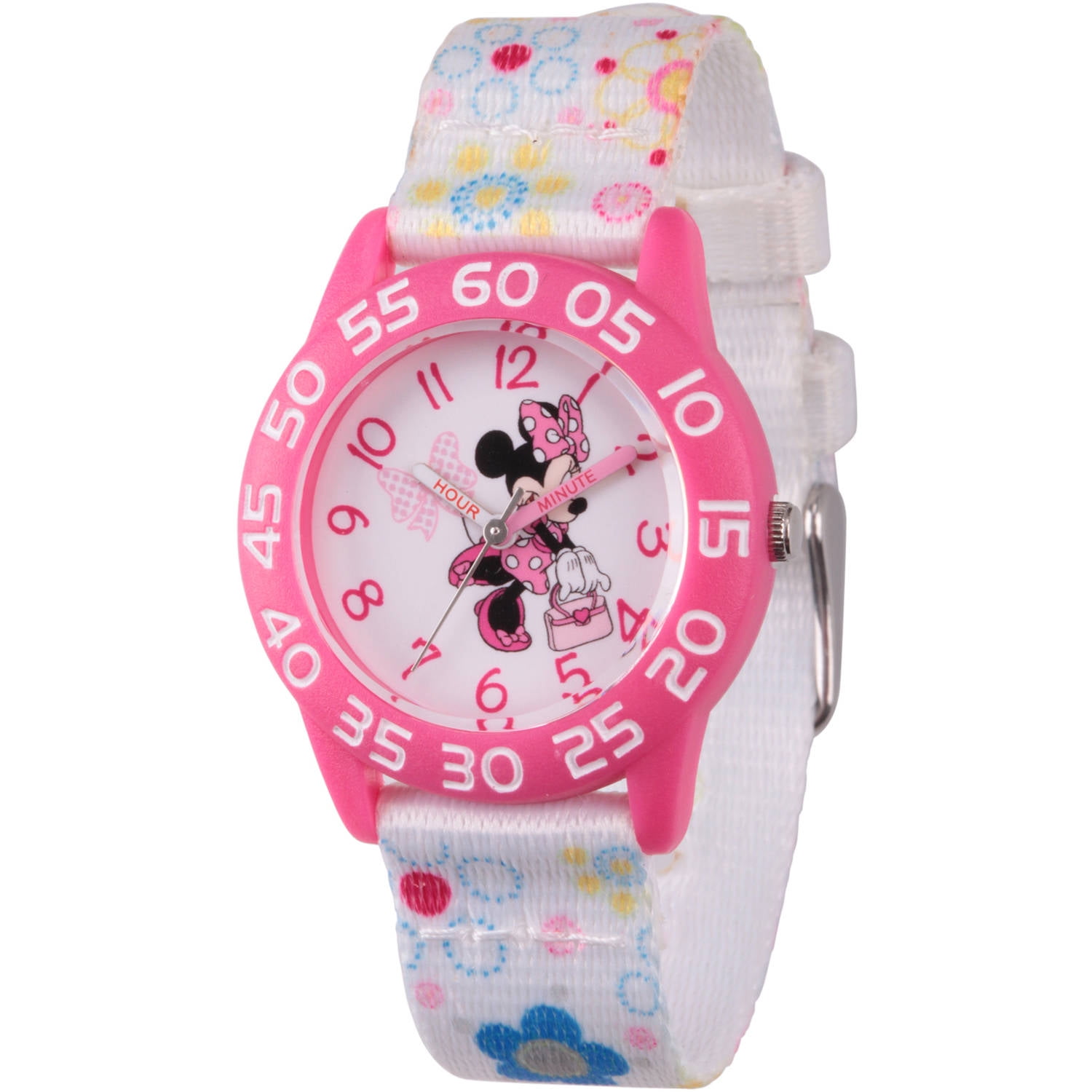 Minnie Mouse Girls' Pink Plastic Time Teacher Watch, White Fabric Strap with Flower Printed