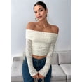 thumbnail image 5 of Women'S Lace Trim Off Shouder Top Long Sleeve Double Lined Y2k Trendy T-Shirts Cream White XXL, 5 of 7