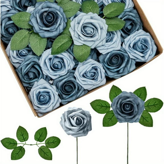 25pcs Dusty Blue Navy Roses Artificial Roses Foam Flowers, Artificial Flowers Fake Roses for Decoration DIY Wedding Bouquets Centerpieces Bridal Shower Party Valentine'S Day Christmas Xmas