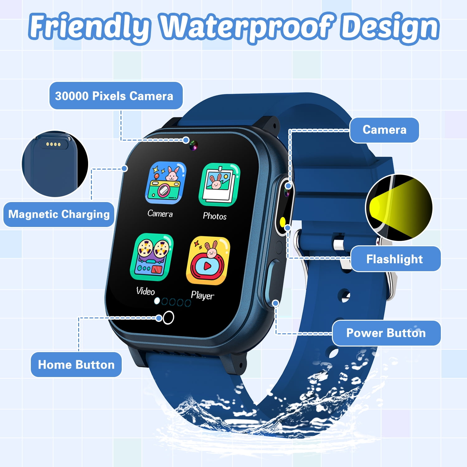 Vakzovy Waterproof Smart Watch for Kids Toys，Boys Age 5-12 with 32 Games, Dual Camera, Habit Tracking, Music Player, Video, Alarm Clock, HD Touchscreen Kids Smart Watch Birthday Gift for 3-12 Year Ol