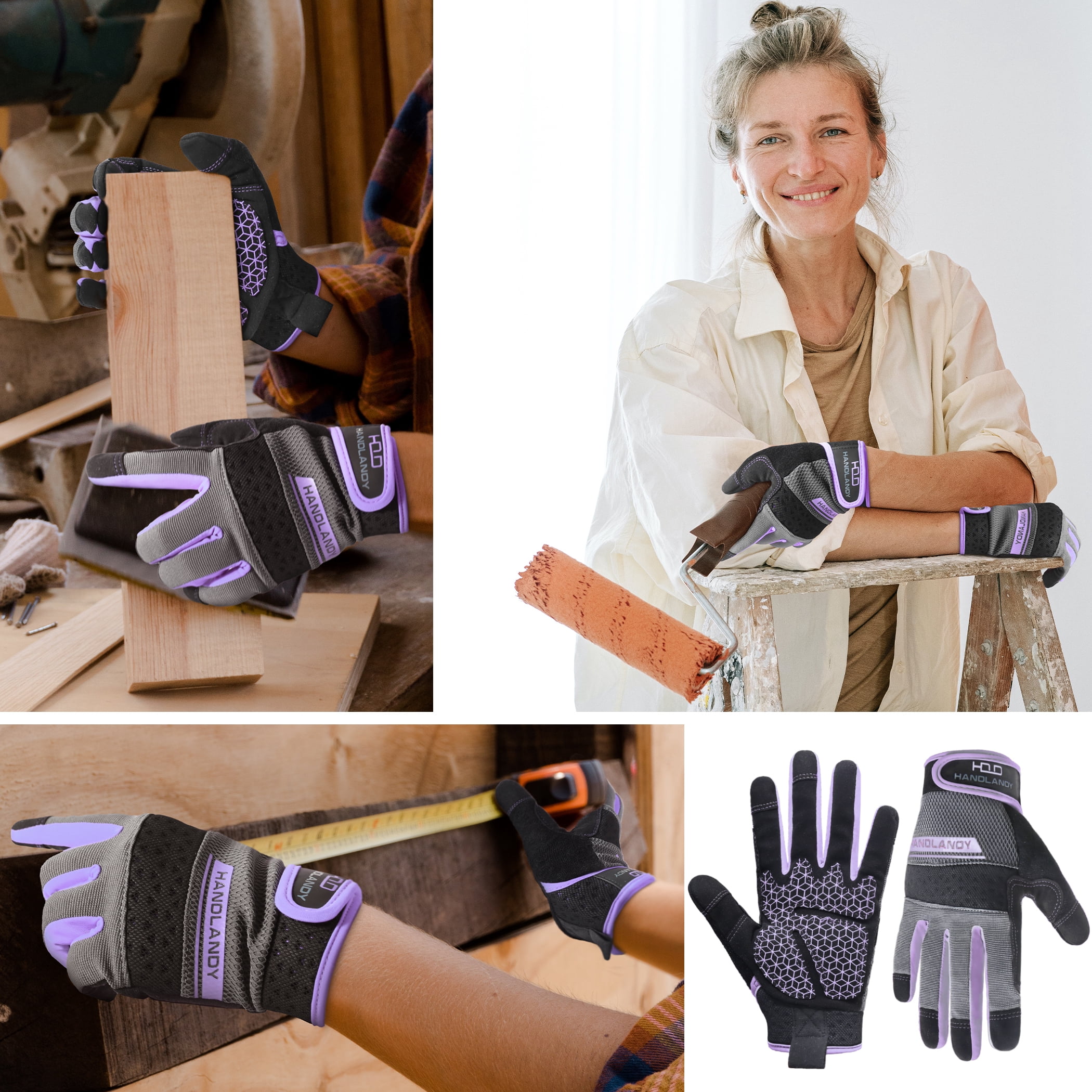 HANDLANDY Utility Work Gloves with Silicone Grip for Women, Thin Mechanic Working Gloves Touch Screen, Purple, XS