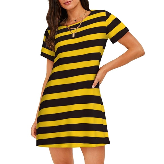 Ratiio Bee Stripe Print Women's Short-sleeved Nightdress - Casual A-line Sleeveless Sleepwear Dress for Summer, Comfortable and Breathable