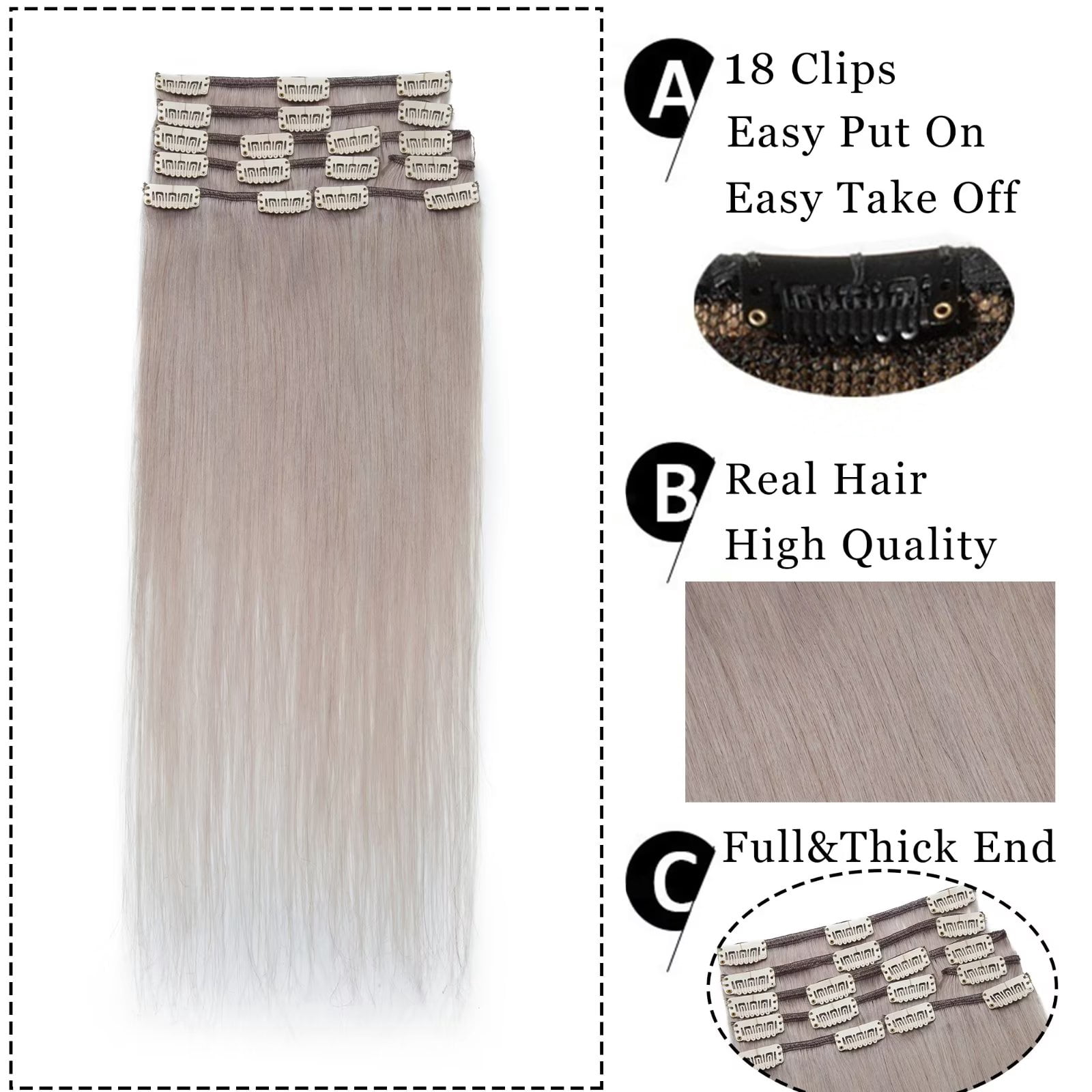 MY-LADY 8Pcs 18Clips Clip in Hair Extensions Human Hair for Women Double Weft Brazilian Remy Straight Human Hair Clip in Hairpiece 20inch #GREY