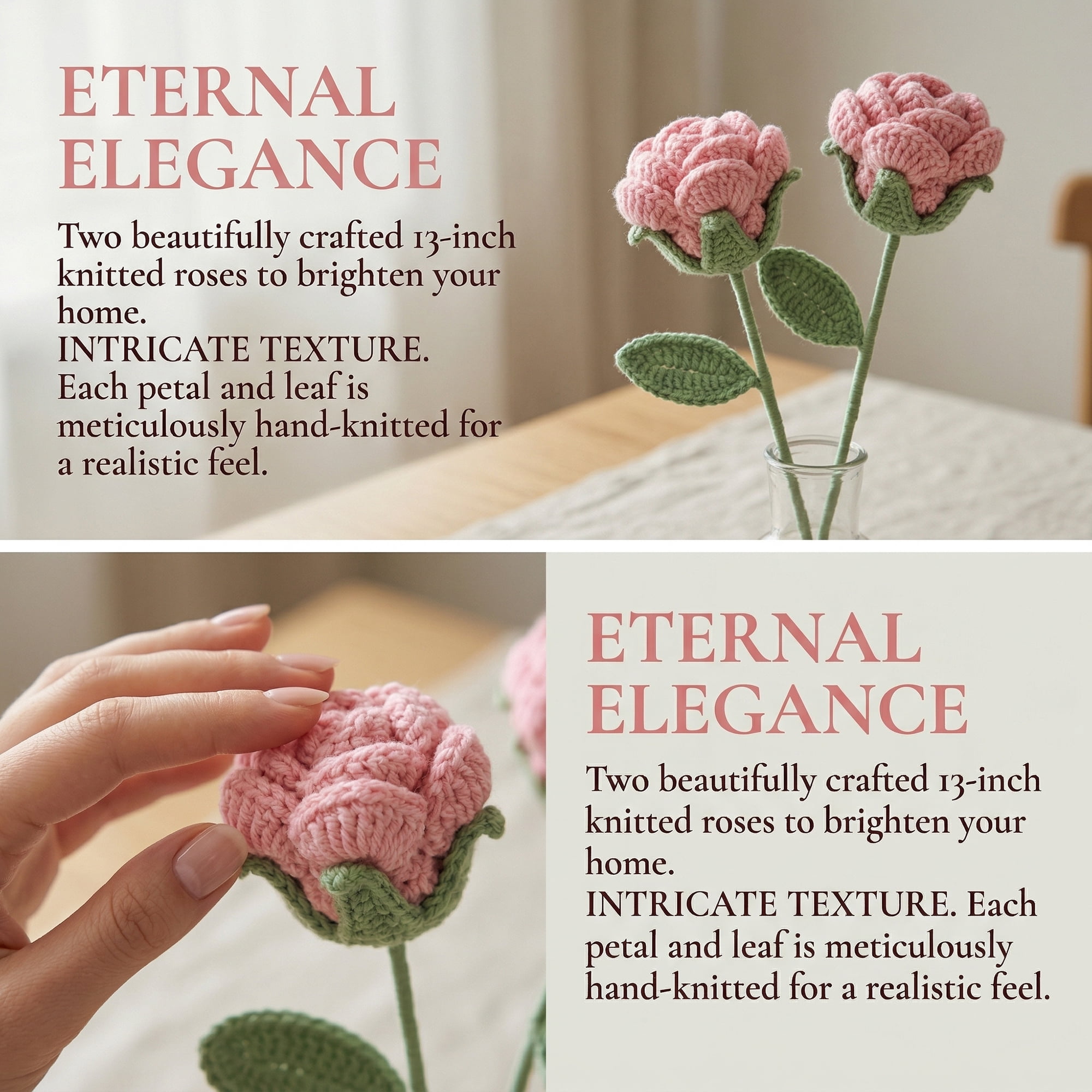 Unique Bargains 2Pcs Handmade Crochet Long Stem Realistic Fake Roses Pink
