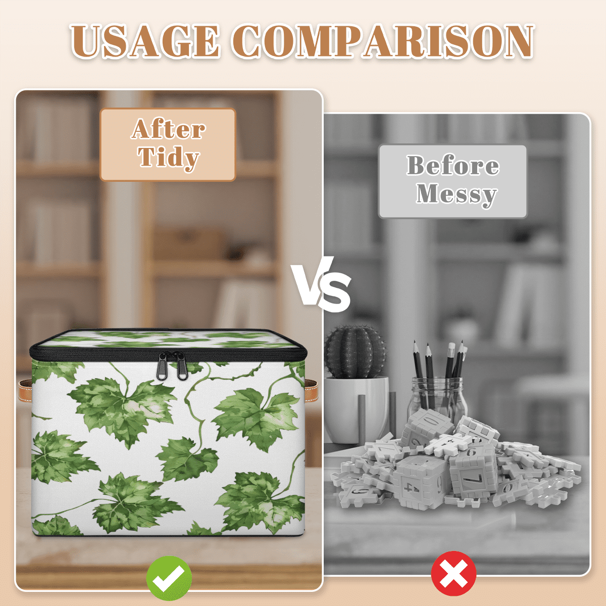 CURLYOOT Grapes Leaves Fabric Storage Bins with Lids, Watercolor Plant Leaves Foldable Storage Boxes Washable Storage Cube, Closet Bedroom Home Organizer Containers with PU Leather Handles