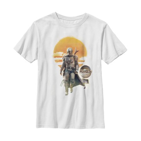 Boy s Star Wars: The Mandalorian The Child and Mando Walking Sunset Graphic Tee White Large