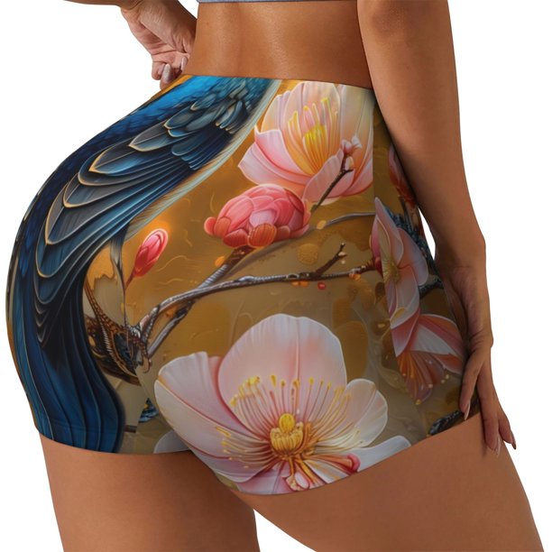 Balery Bluebird Blossom Elegance Pantalones cortos de entrenamiento estampados para mujer, sin costuras, ajustados, para gimnasio, yoga, correr, deportes, ejercicio activo, fitness.-Medium