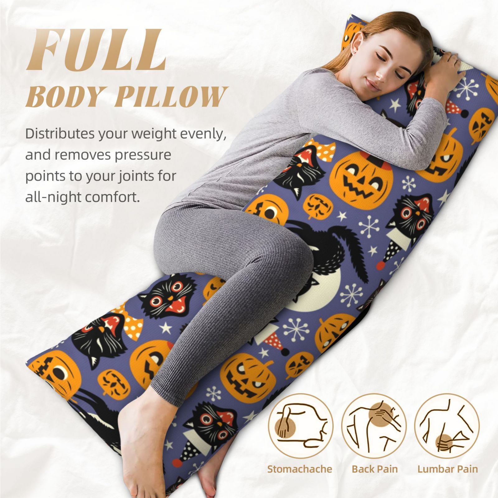 Naloa Spooky Cats And Halloween Pumpkins Super Soft 20x60 Body Pillow Case,Long Side Hidden Zipper（PILLOWS ARE NOT INCLUDED）