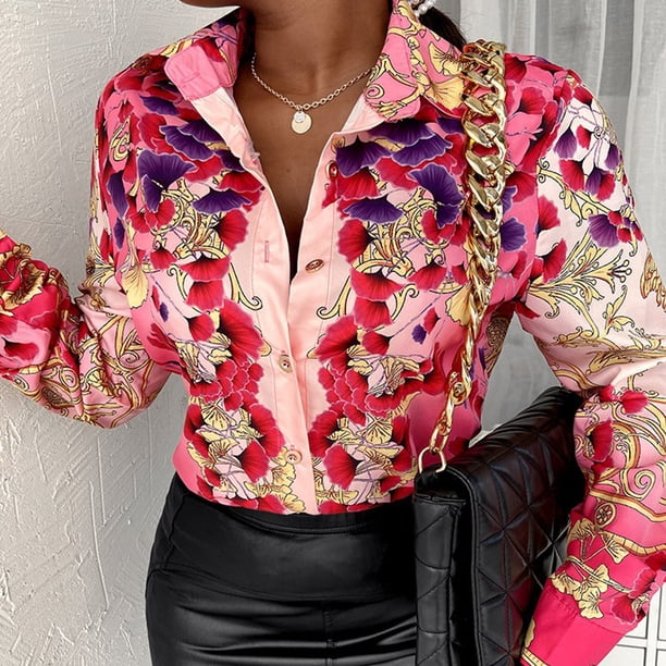 Blusas De Verano Blusas básicas estampadas Camisa con cuello en V Mujer Manga larga Traje diario (Rosa XXL) Cgtredaw Para estrenar