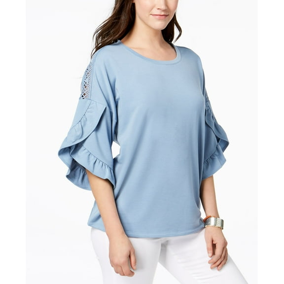 Style & Co Ruffled Crochet Inset Sweatshirt Blue Fog M