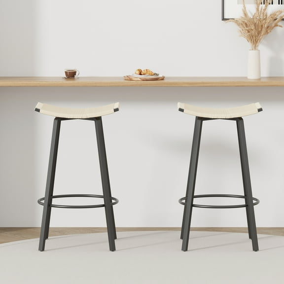 Nmkwnr Pack of 2 Counter Height Barstool with Metal Footrest, Backless Handwoven Bar Stools for Indoor & Outdoor, Black Cream White