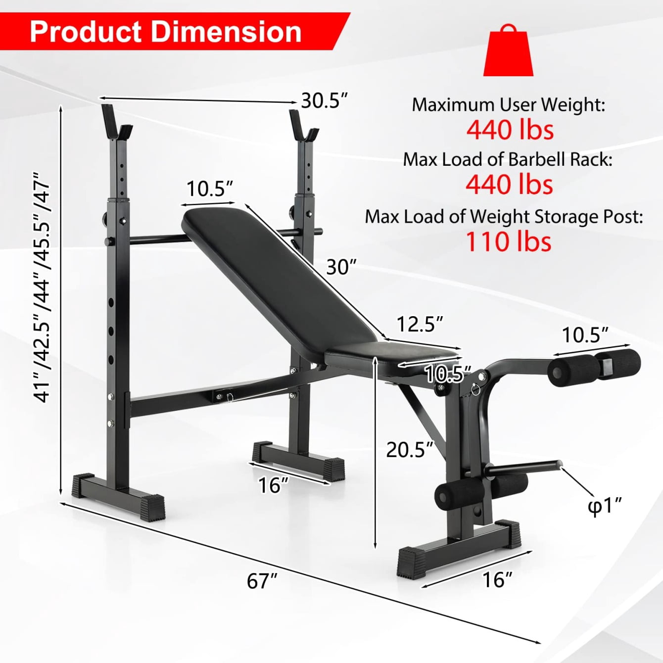 Triple Tree Adjustable Weight Bench Set with Squat Steel Rack, Black, 42.55 lb