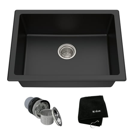 KRAUS 24 Inch Dual Mount Single Bowl Granite Kitchen Sink w/ Topmount and Undermount Installation in Black