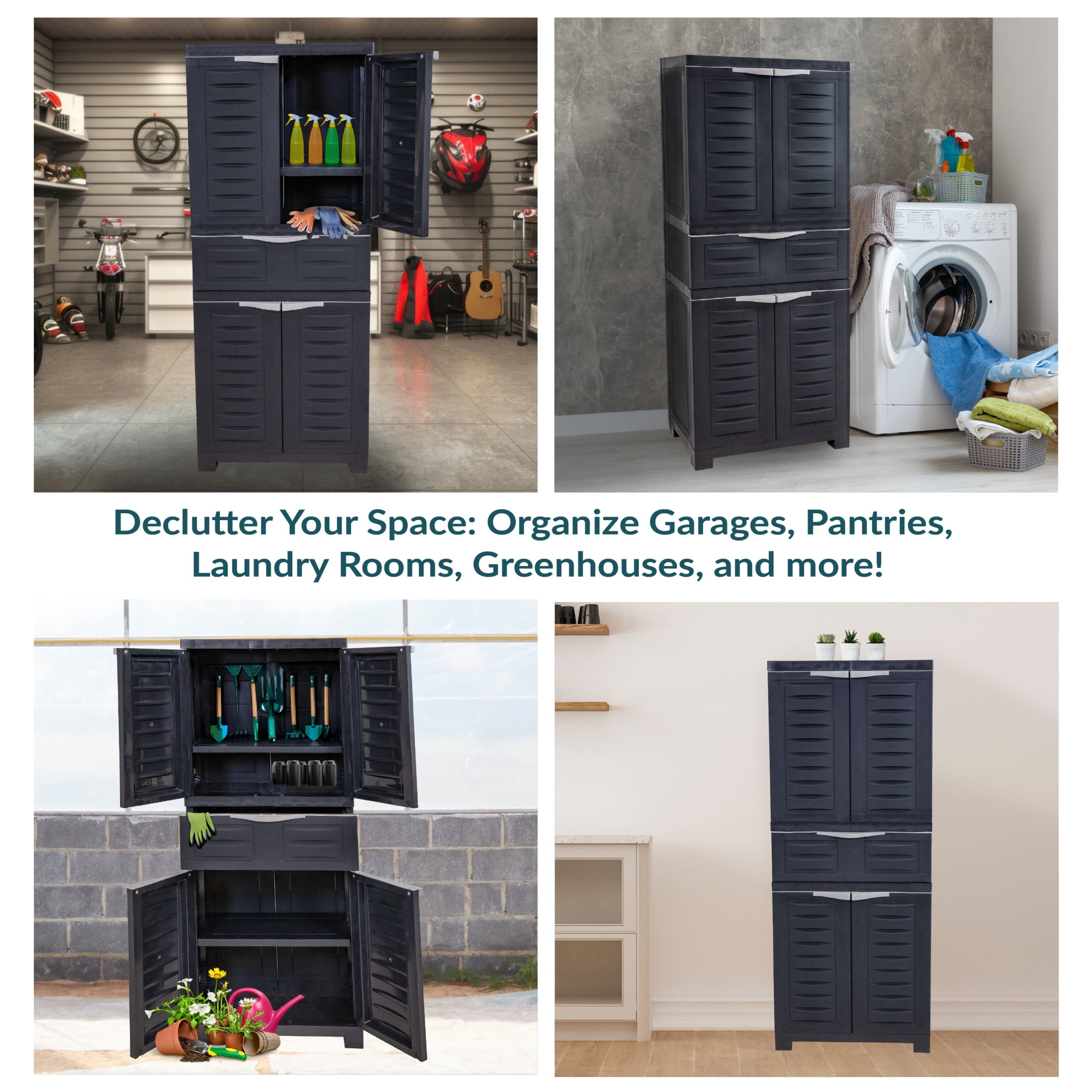 Sunnydaze Adjustable 57" Plastic 2-Shelf 1-Drawer Freestanding Storage Cabinet, Charcoal