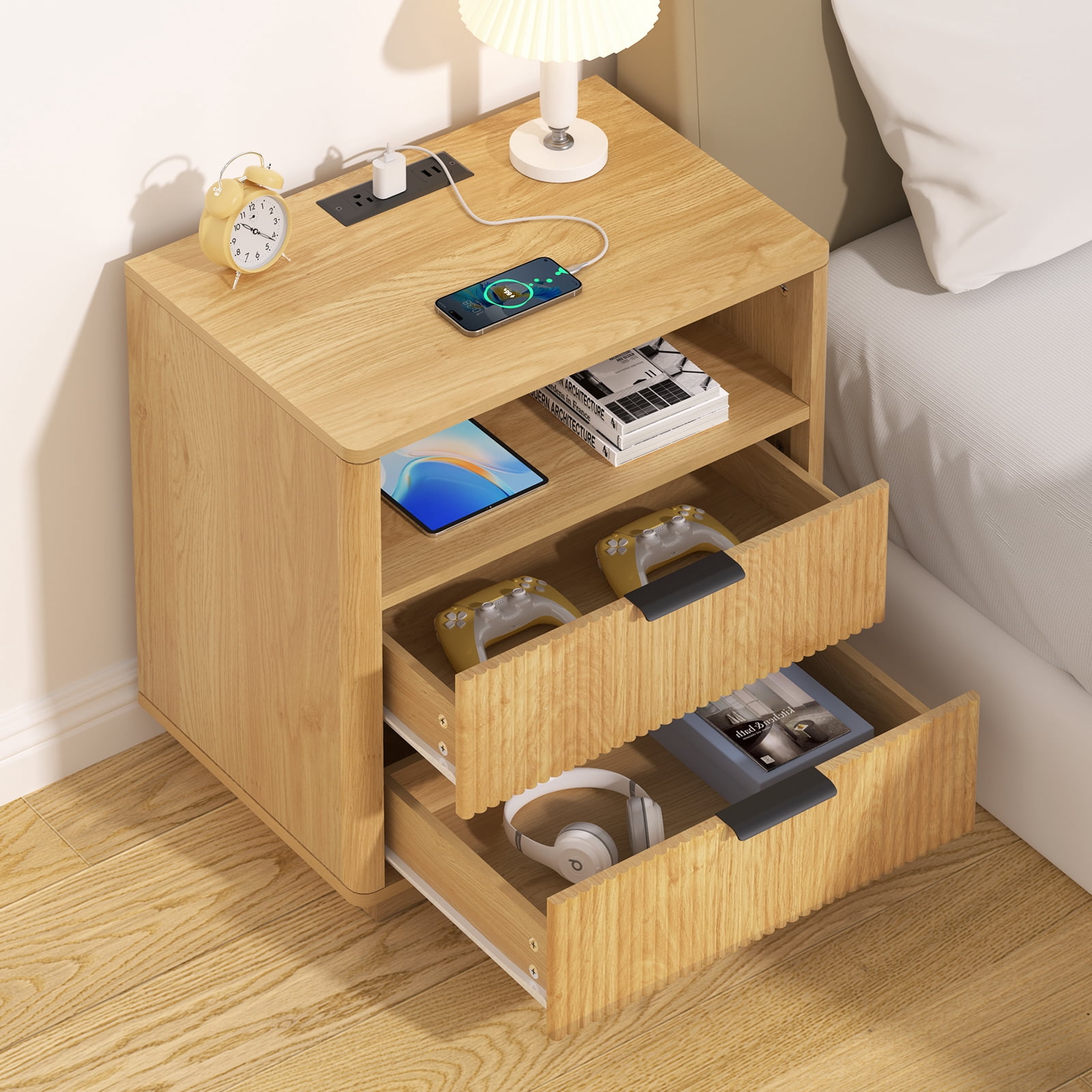 Hommpa Fluted Nightstand, 2 Drawers Bed Side Table with Charging Station, Modern End Side Table for Bedroom Furniture Living Room Sofa, Night Stand with Storage Drawers and Open Shelf