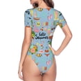 thumbnail image 3 of Uemuo Hello Summer Pattern Women's One Piece Short Sleeve Swimsuit Rash Guard Surfing Modest Quick-drying Swimsuit Beach Essentials-Large, 3 of 9
