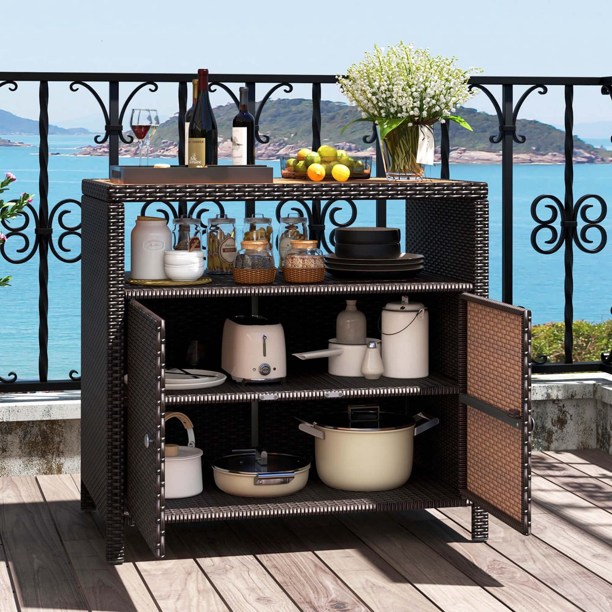 Costway Patio Rattan Storage Cabinet with Acacia Wood Countertop Open Shelf 2 Door Cabinet Mix Brown