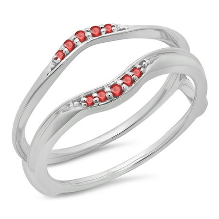 Ruby Gold Wedding Bands - 0.10 Carat (ctw) 10K Gold Round Ruby Ladies Anniversary Wedding Band Guard Double Ring 1/10 CT