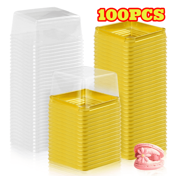 100pcs Plastic Mini Cake Boxes, Gold Square Cupcake Boxes with Lids, Mini Dessert Holder for Cupcakes, Macarons, Muffins Baking Gifts