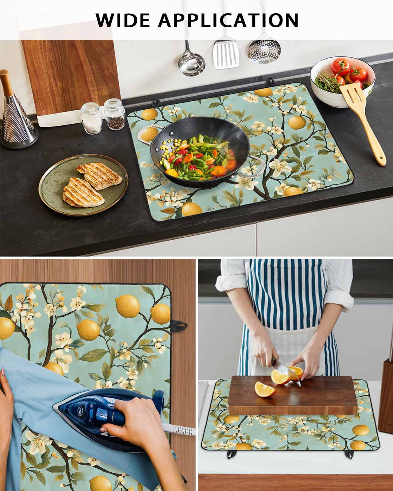 nqOlkjepod Large Induction Cooktop Protector Mat 24"x21", Flower Lemon Stove Top Covers for Electric Stove, Spring Summer Watercolor Leaves Plant Stove Burner Cover Mats, Glass Top Stove Cover