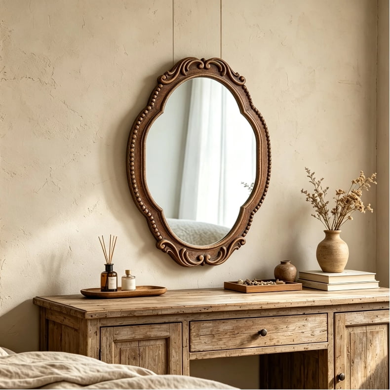 Sintosin Wall Mirror Wood Oval Mirror 30“ Decorative Accent Mirror Antique Brown Ornate Scalloped Wood Frame Vintage Traditional Hanging Mirror for Bathroom Vanity Entryway Living Room