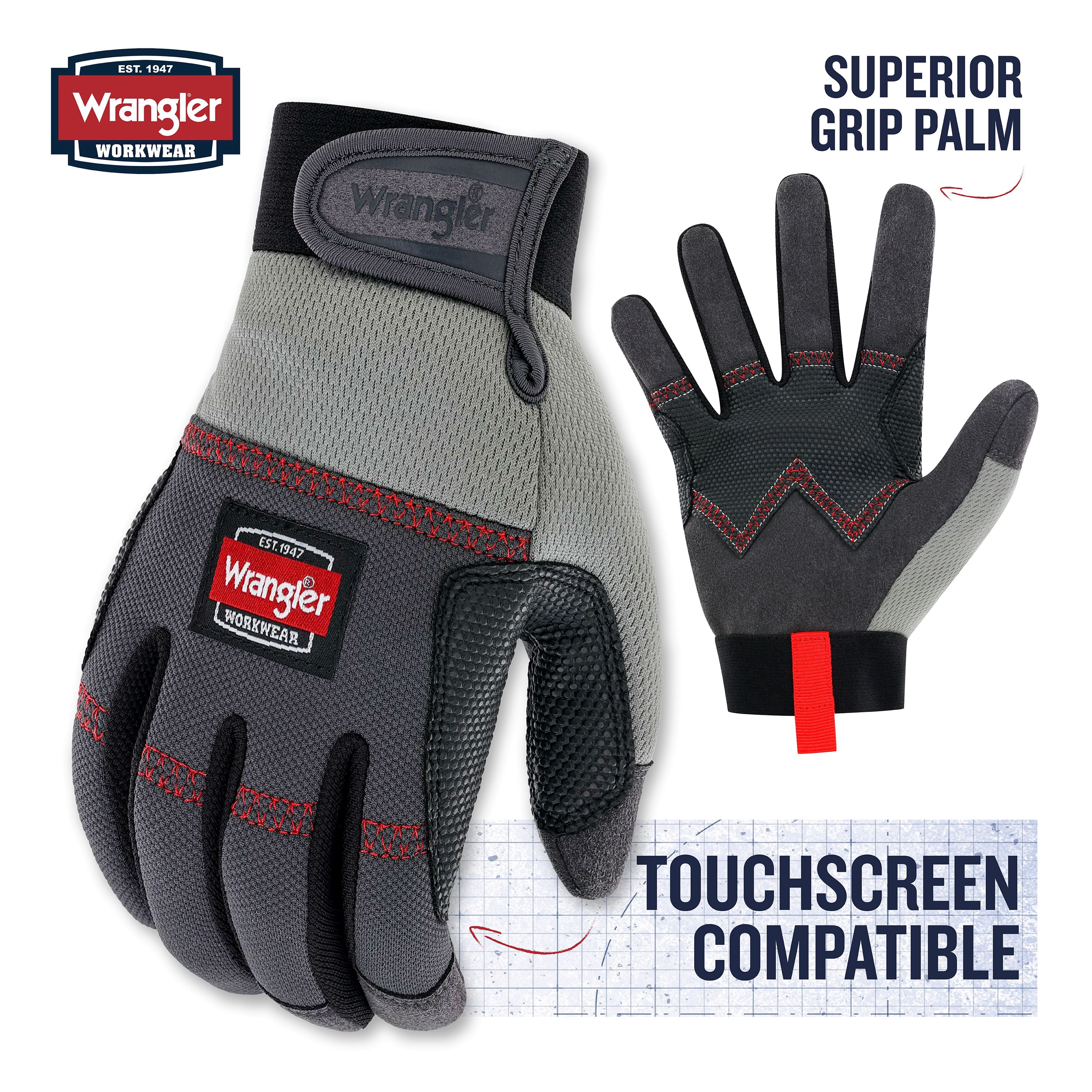 Wrangler Men’s Builder Work Gloves – Large, Synthetic Leather Palm Glove, Reinforced Grip, Breathable
