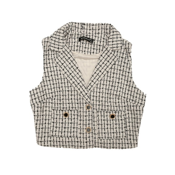 MODA NOVA Juniors Tweed Vest Notched Lapel Collar Sleeveless Vintage Plaid Crop Waistcoat White XS