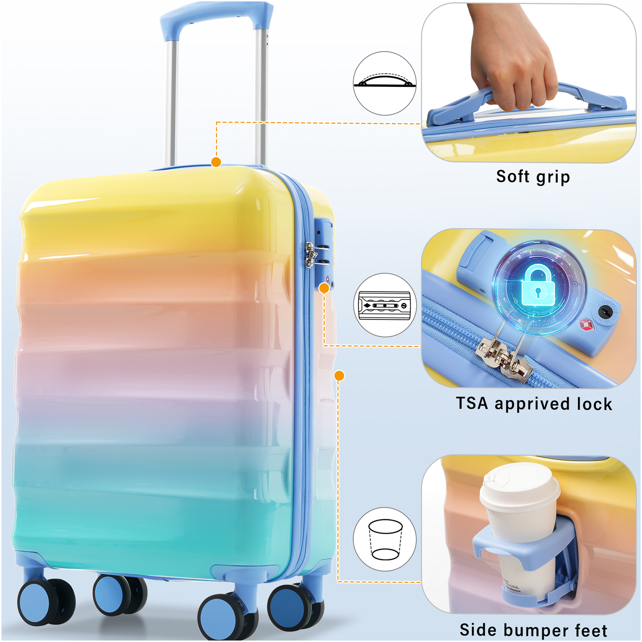 JERFIT 20 Inch Carry On Luggage 2 Piece Set, Lightweight Expandable Hardshell Suitcase with Spinner Wheels, TSA Lock & Cup Holder, Airline Approved, Blue/Orange