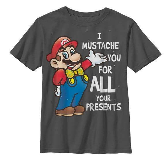 Boy's Nintendo Christmas Mario Mustache For Presents  Graphic Tee Charcoal Medium