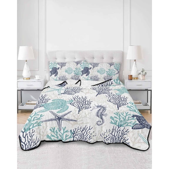 Quilts King Size, Teal Blue Coastal Soft Comforter Bedding Set for Bed, Sea Turtle Nautical Coral Summer Beach Lightweight Quilted Bedspread with Pillow Cover(2 Pieces) for All Season, 96x106 Inch