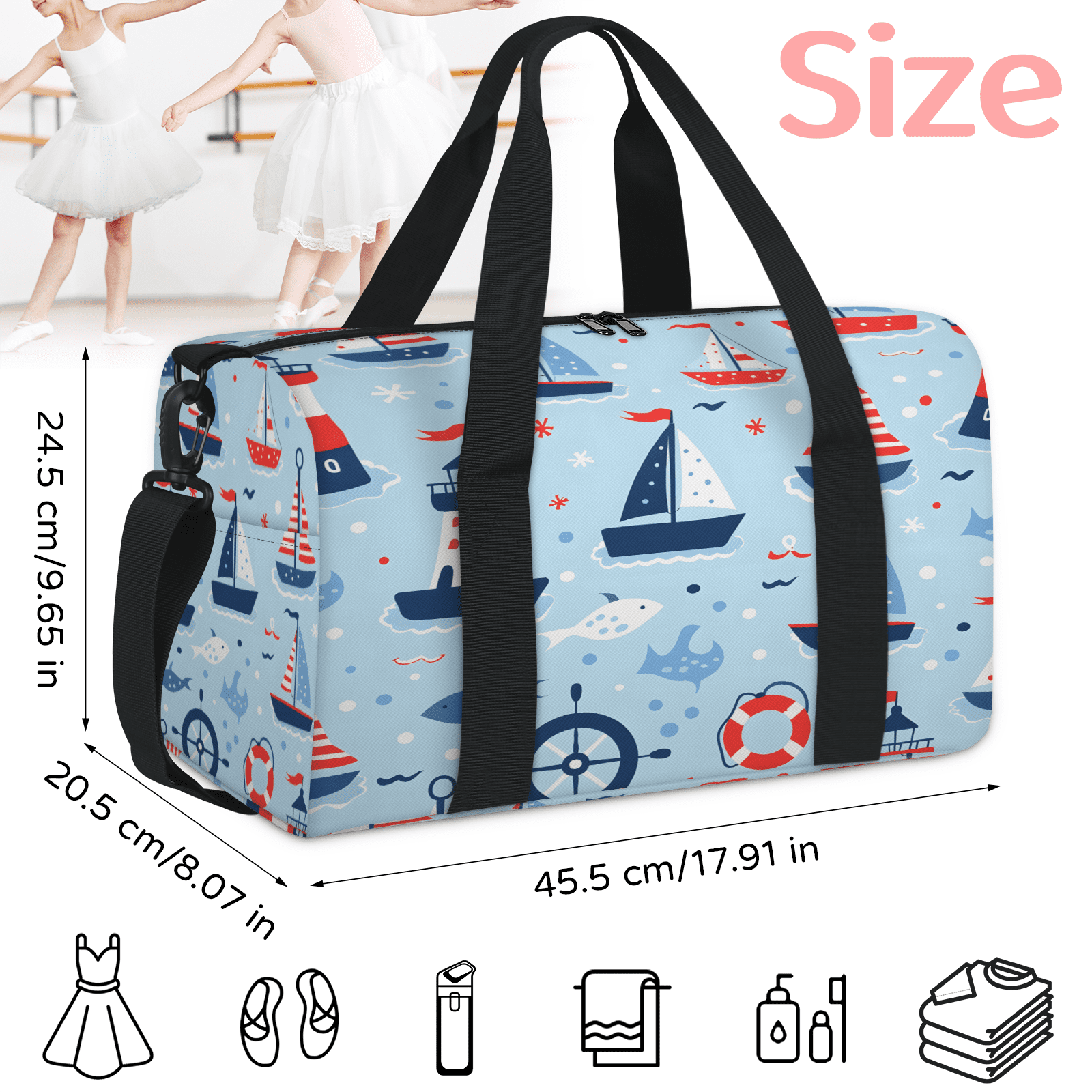 Herdesigns Nautical Sailboat Gym Bag for Women, Duffle Bag for Travel Sport, Ocean Fish Lightweight Waterproof Carry on Weekender Dance Yoga Workout Bags