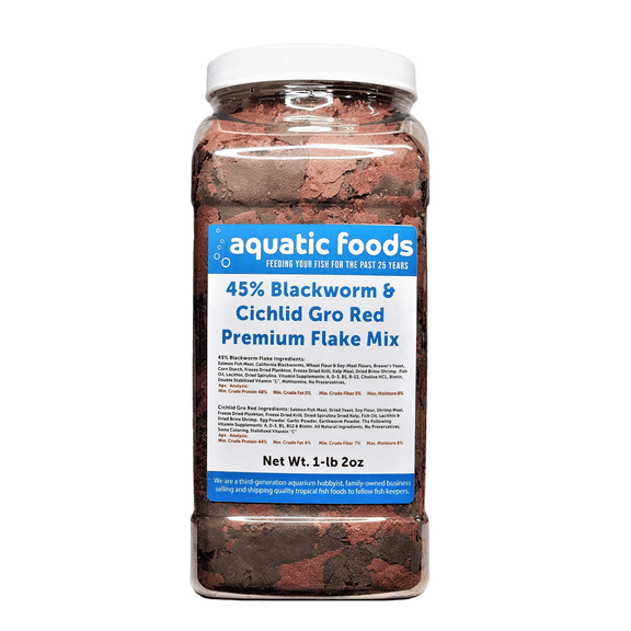 45% Blackworm & Cichlid Gro Red Color Flake Mix for Cichlids, Discus, for All Community Tropical Fish. Aquatic Foods Flakes…1-lb 2oz Lg Jar