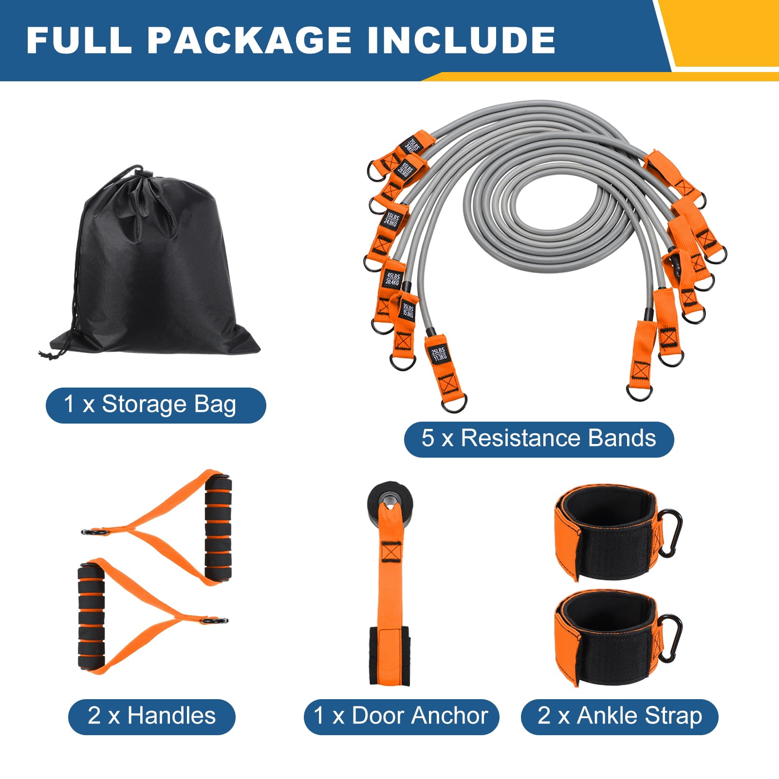 Uxcell Resistance Bands Set, 6 Level Exercise Bands for Working Out with Door Anchor/Handle/Ankle Strap/Pouch, 300LB & Orange & Grey- Fitting For(Women & Men Home/Gym Train/Yoga)