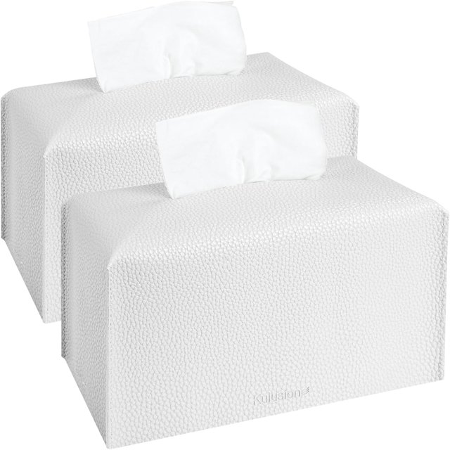 HAHDAXIA 2Pcs Tissue Box Cover Holder, Rectangular with Bottom Belt - PU Leather Tissue Cover Decorative Organizer for Tabletop, Bathroom, Car, Office,9.5X5X5 Inch - White