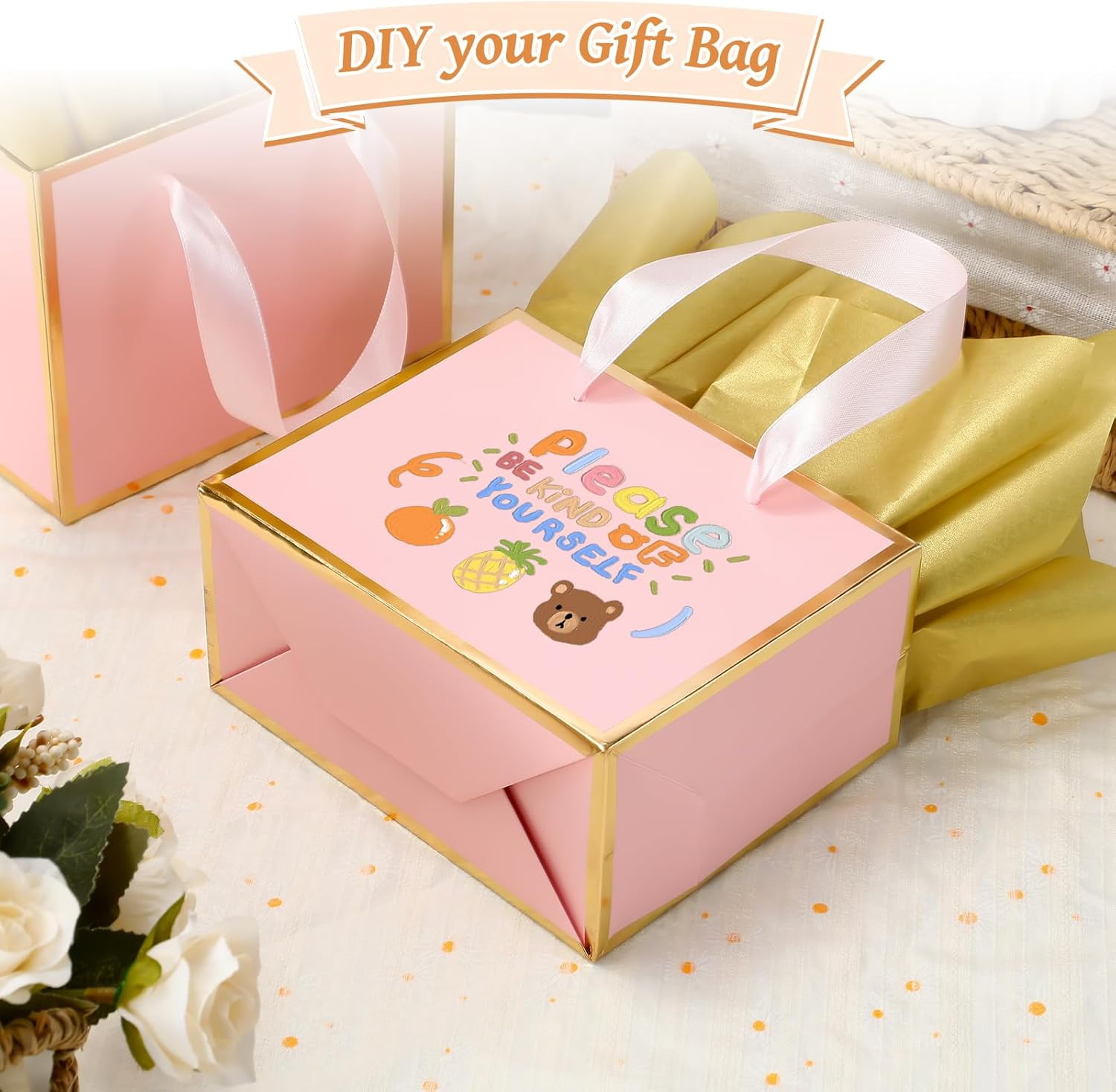 30 Pcs Small Metallic Foil Gift Bags with Handles, Pink Gold Thank You Favor Bag with Tissue Paper for Back to School Baby Shower Wedding Mother's Day Christmas Party (6.4x3.1x5.1 Inch)
