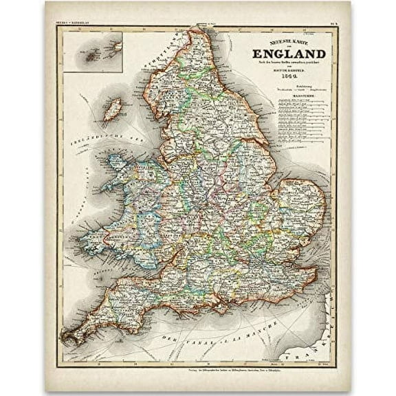 1844 England Map Art Print - 11x14 Unframed Art Print - Great Vintage Home Decor