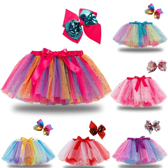 Fozruso Girls Ballet Tutu Skirt Kids Girls Party Dance Ballet Splice Rainbow Tulle Skirt Bow Hairpin(Blue)