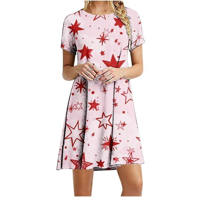 Día de la Independencia Mujer Verano Sexy Casual Boho Cuello redondo Manga corta Cuello redondo Estampado Playa Mini vestido Pompotops hdfakjf2766