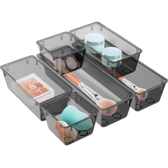 6 Pack Clear Drawer Organizer Set, Acrylic Drawer Storage Trays, Storage Bins for Makeup, Cosmetics, Jewelries, Utensils, Gadgets, Office, Black