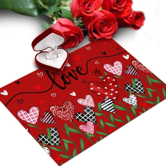 Happy Valentines Day Placemats Set of 6 Washable Table Mats for Kitchen Dining Table, Heart Floral Heat-Resistant Cotton Linen Place Mats for Indoor Outdoor Parties Holiday Decoration, Flower Field