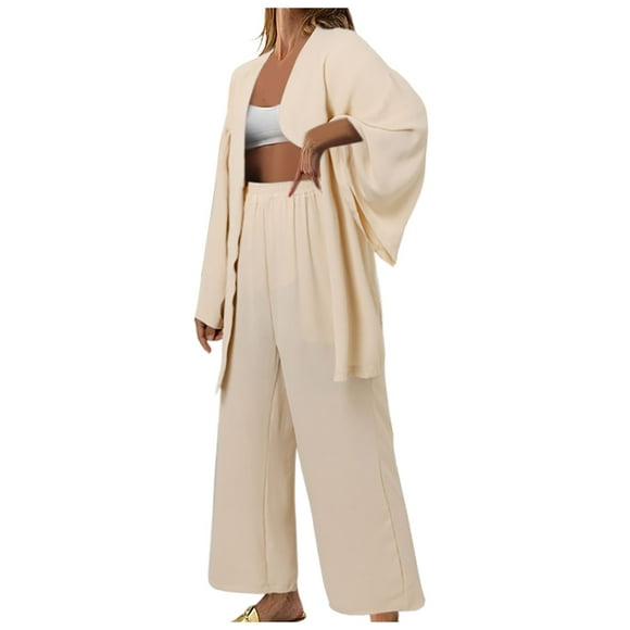 Fgnfyis Women's Cotton Linen Suit Cardigan Long Sleeve Top Pocket Wide Leg Pants Suit Pants Sets Beige S