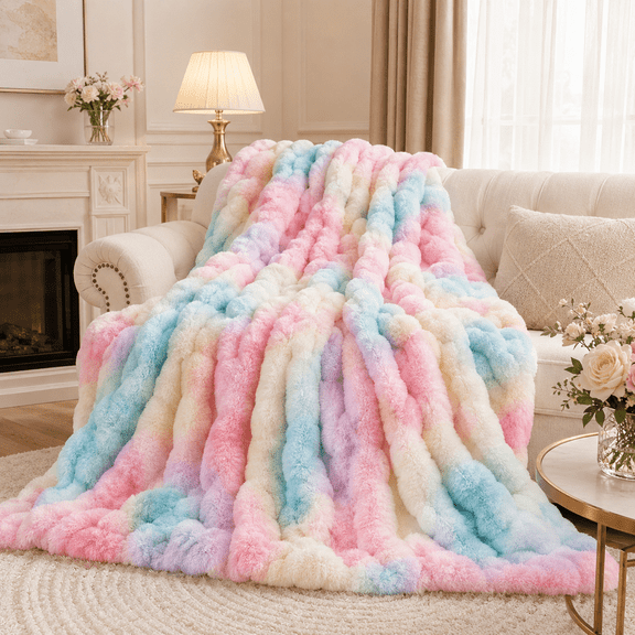 Rainbow Faux Fur Blanket Pastel Fluffy Throw for Couch Sofa Anti Shed Lightweight Breathable Washable Plush Bed (39.37x62.9in)
