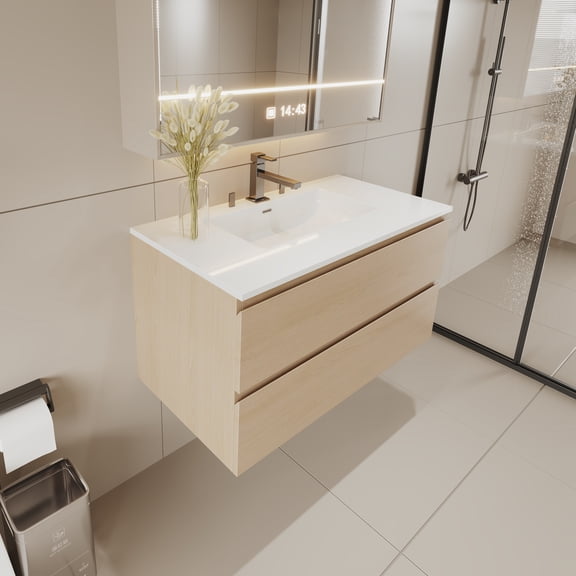 30" Width Wall-Mount Bathroom Vanity – Modern Floating Vanity with Soft-Close Drawers, Laminate Doors, Plywood Construction, Cosmo Sand