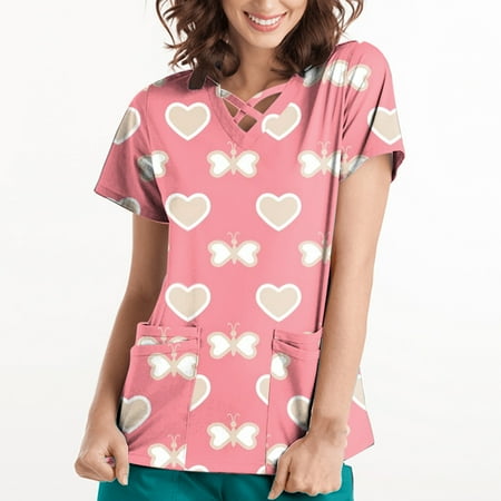 

Hesxuno Summer Scrubs Tops for Women Women Short Sleeve Tops Working Uniform Valentine s Day Printed Pocket Blouse Plus Size Joggers Shirts