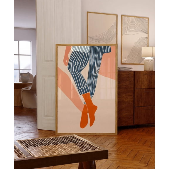 Contemporary Blue Orange Striped Wall Art, Abstract Woman Decor, Socks Pants Print, Stripes Print, Minimalist Illustration,Eclectic Fine Art Wall Art, Modern Wall Decor, 8x12 UNFRAMED