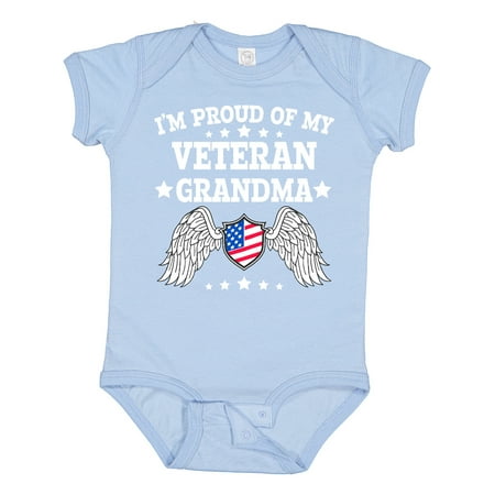 

Inktastic I m Proud of My Veteran Grandma with Shield American Flag and Angel Wings Gift Baby Boy or Baby Girl Bodysuit
