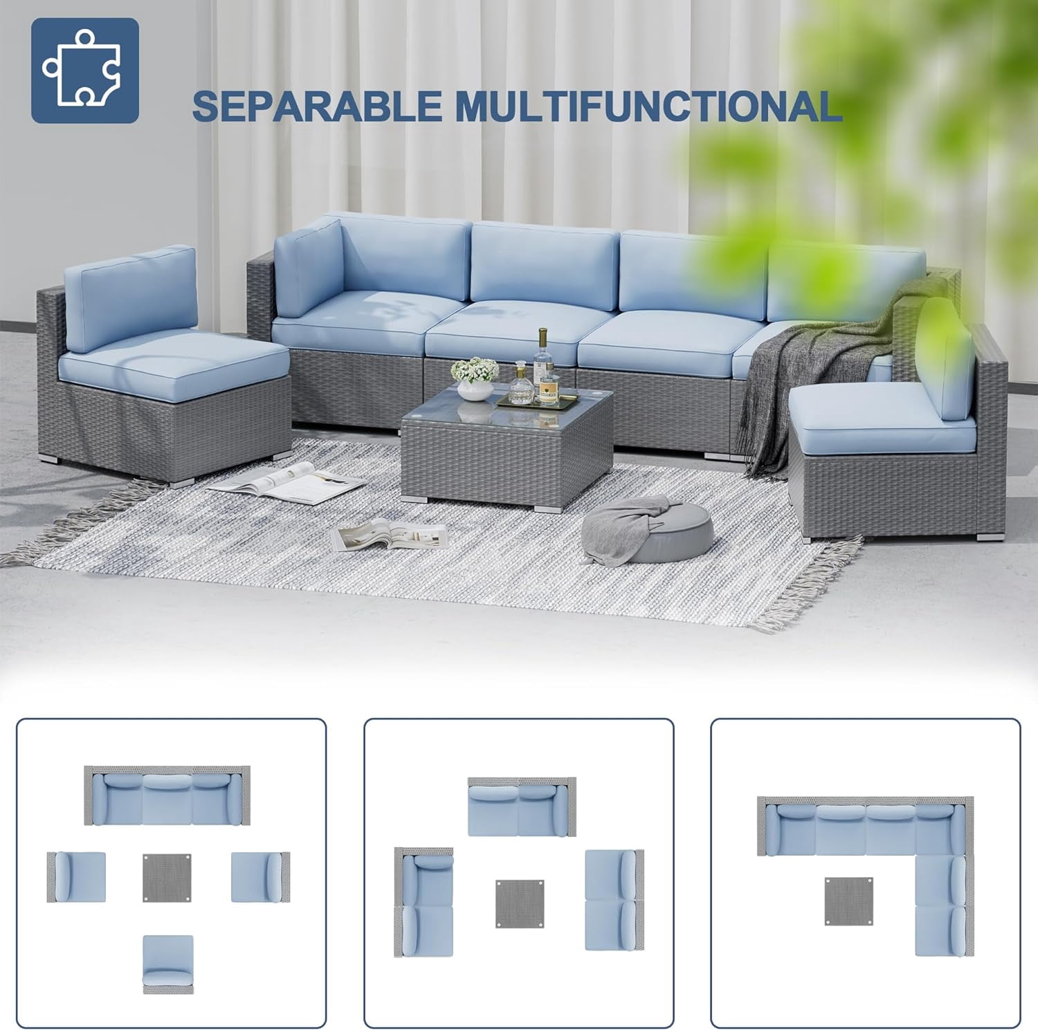 SUNCROWN Outdoor Patio Furniture Set 7 Piece Outdoor Sectional Sofa Grey Wicker Conversation Sofa Set with Coffee Table and Cushions (Light Blue)